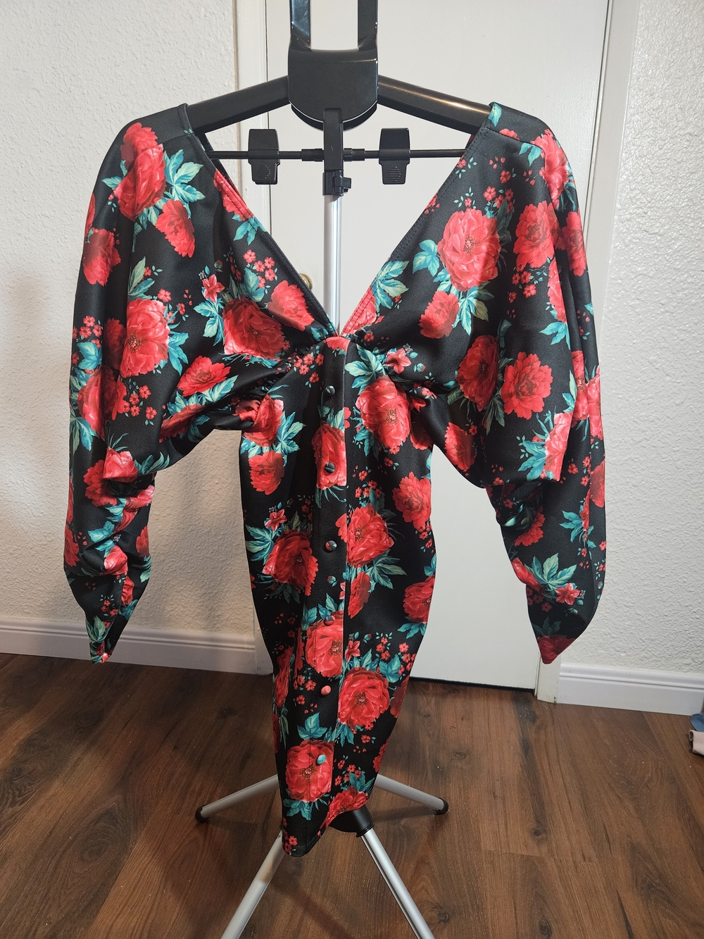 Black Floral Midi Dress with Red Roses